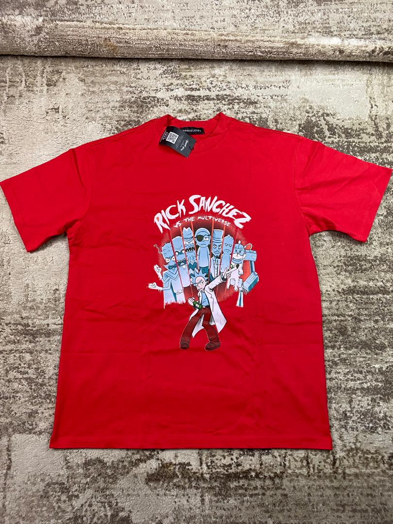 Bright red streetwear graphic t-shirt featuring Rick Sanchez pointing a portal gun against an arc of multiverse variants, custom DTF printed by Whavieprints.