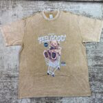 Vintage-wash brown streetwear t-shirt featuring a graphic of a brown teddy bear in a shopping cart under 'Feel Good' text, custom DTF printed by Whavieprints.