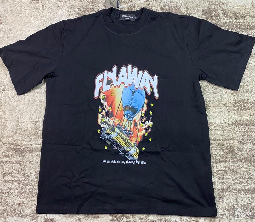 Black streetwear graphic t-shirt featuring a yellow school bus attached to a blue hot air balloon flying over flames and stars with 'Flyaway' text, custom DTF printed by Whavieprints.